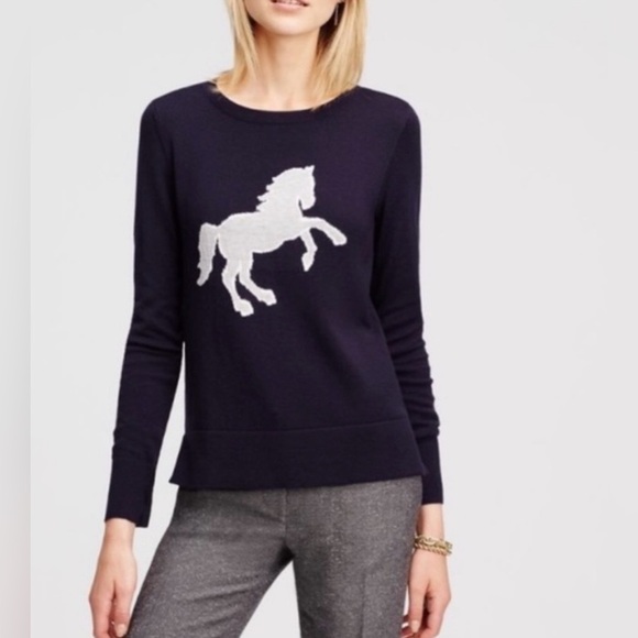 Ann Taylor Wool Blend Equestrian Horse Themed Navy Sweater - Size S - Picture 6 of 6